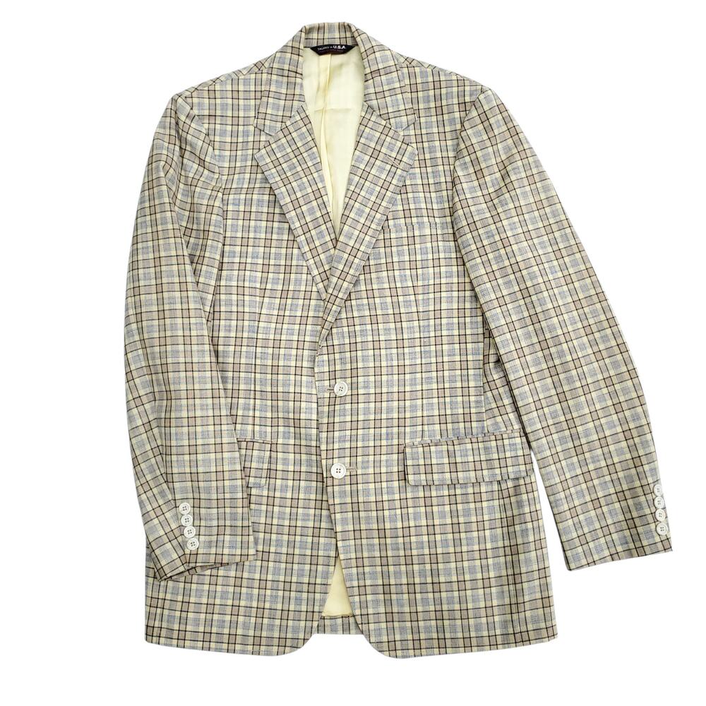 VTG Burton's Yellow Plaid Polyester 2 Button Blazer Jacket Sport Coat 40x30 38R?